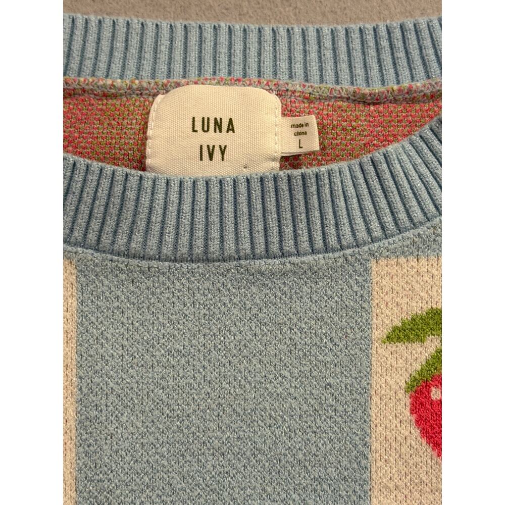 Luna Ivy Strawberry Checkerboard Sweater Blue Pink Knit Crewneck Women’s L - Picture 2 of 5